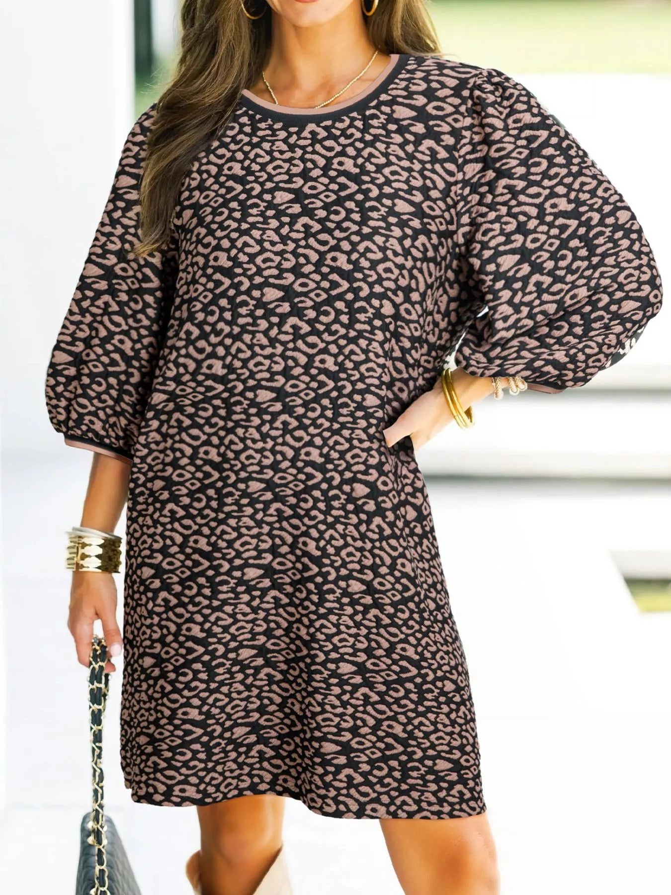 Hazel Blues® |  Leopard Print Bubble Sleeve Shift Mini Dress
