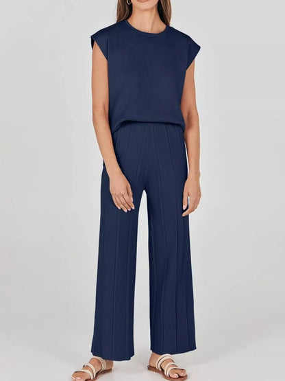 Hazel Blues® |  Casual Solid Color Cap Sleeve Top and Pants Knit Set