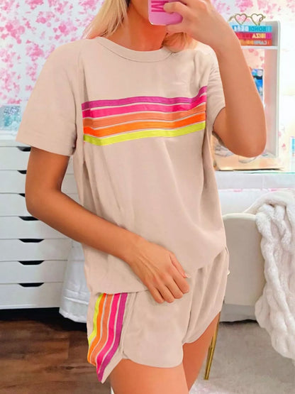 Hazel Blues® |  Rainbow Striped Round Neck Top and Shorts Set
