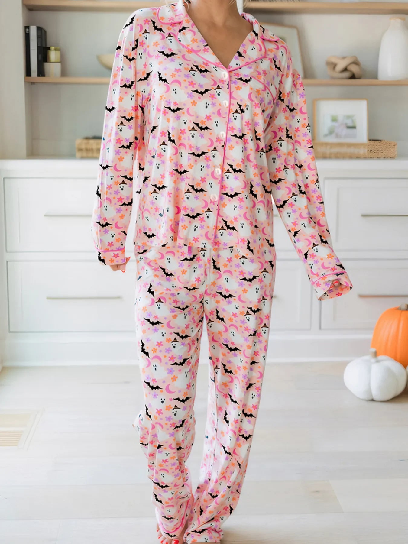 Hazel Blues® |  Halloween Ghost Print Button Up Top and Pants Lounge Set
