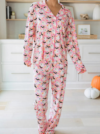 Hazel Blues® |  Halloween Ghost Print Button Up Top and Pants Lounge Set