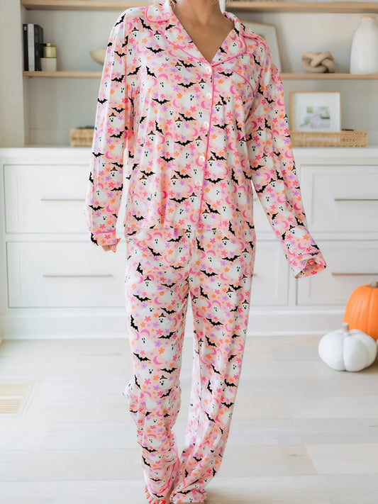 Hazel Blues® |  Halloween Ghost Print Button Up Top and Pants Lounge Set