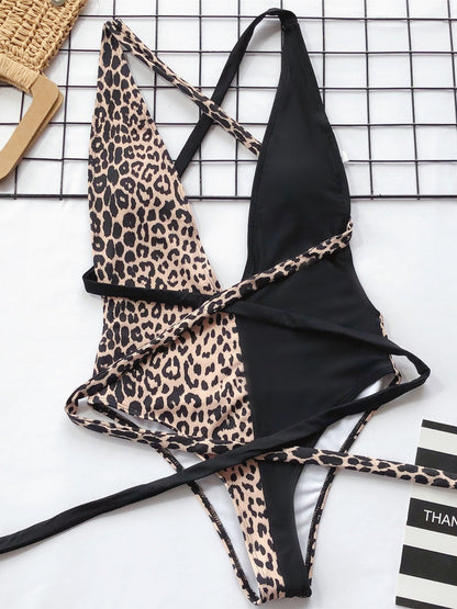 Hazel Blues® | Tied Leopard Plunge One-Piece Swimwear