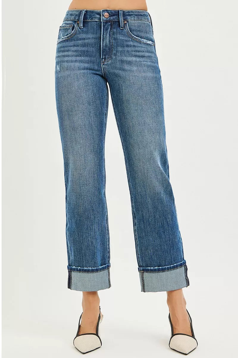 Hazel Blues® | RISEN 4 Way Stretch Slouchy Straight Jeans with Cuffed Hem