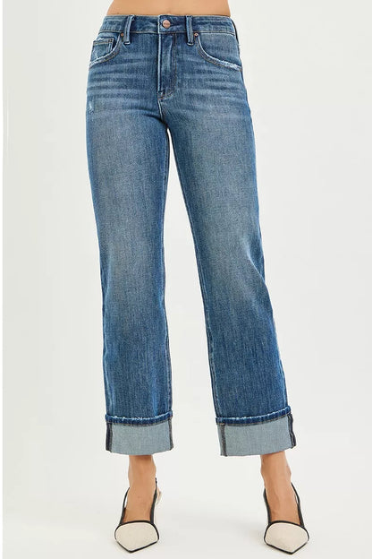 Hazel Blues® | RISEN 4 Way Stretch Slouchy Straight Jeans with Cuffed Hem