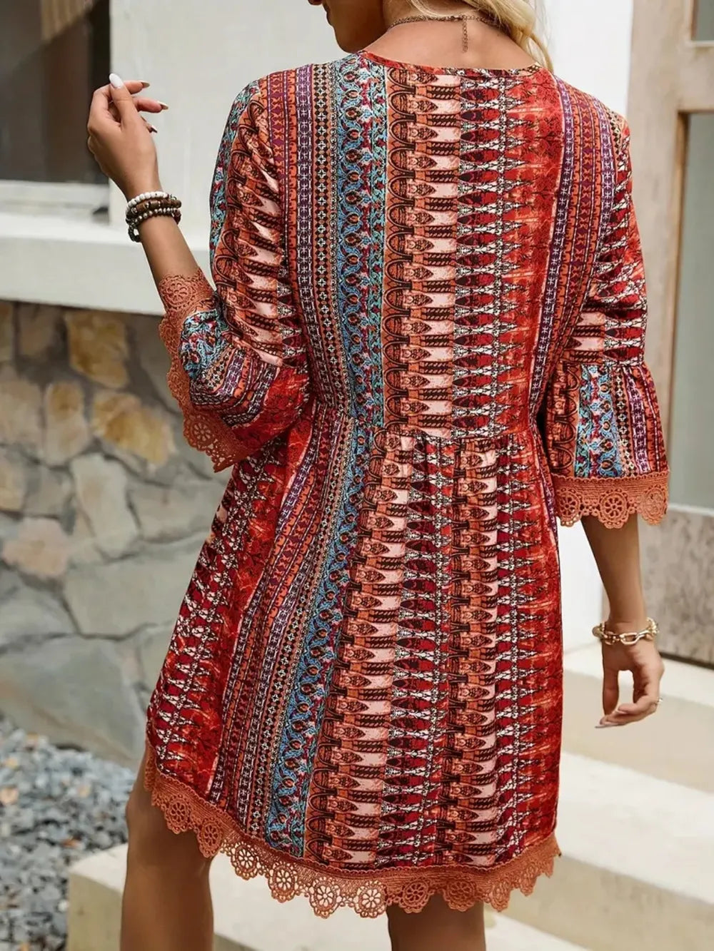 Hazel Blues® |  Lace Trim Printed V-Neck 3/4 Sleeve Dress