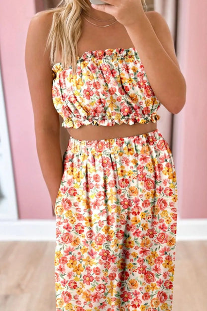 Hazel Blues® |  Boho Floral Bandeau Top and High Waist Wide Leg Pants Set