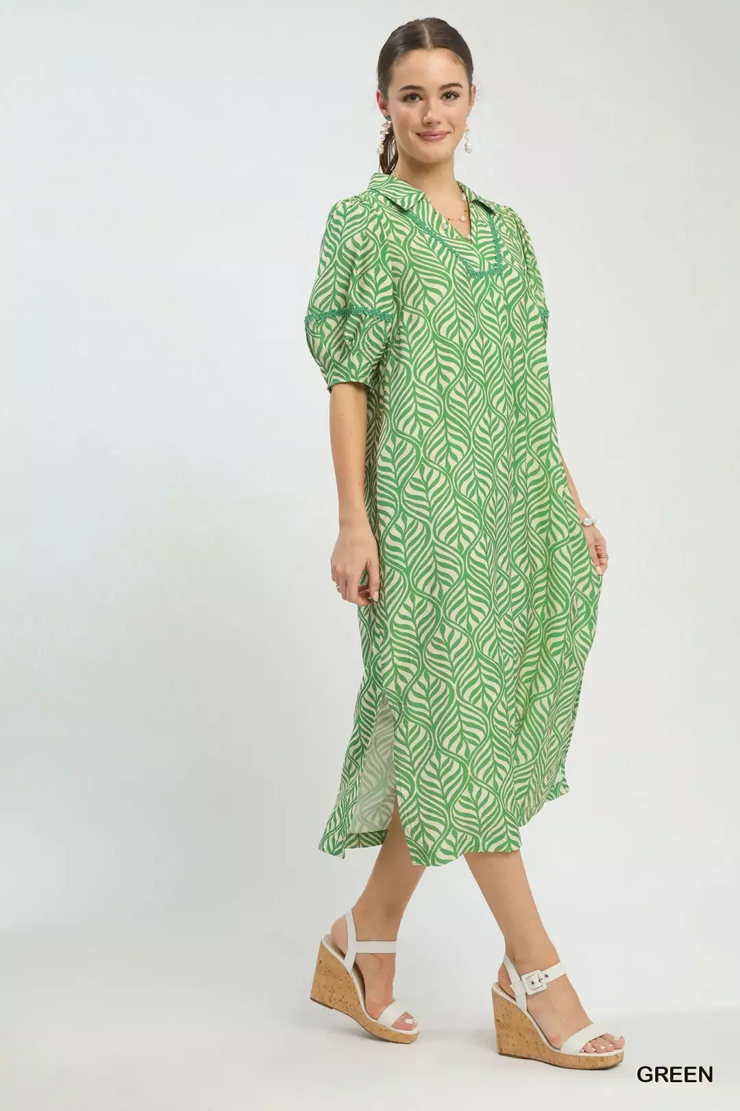 Hazel Blues® |  Umgee Printed Puff Sleeve Midi Dress with Pockets