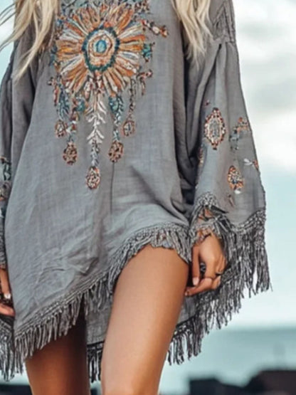 Hazel Blues® |  Fringe Hem Long Sleeve Mini Dress