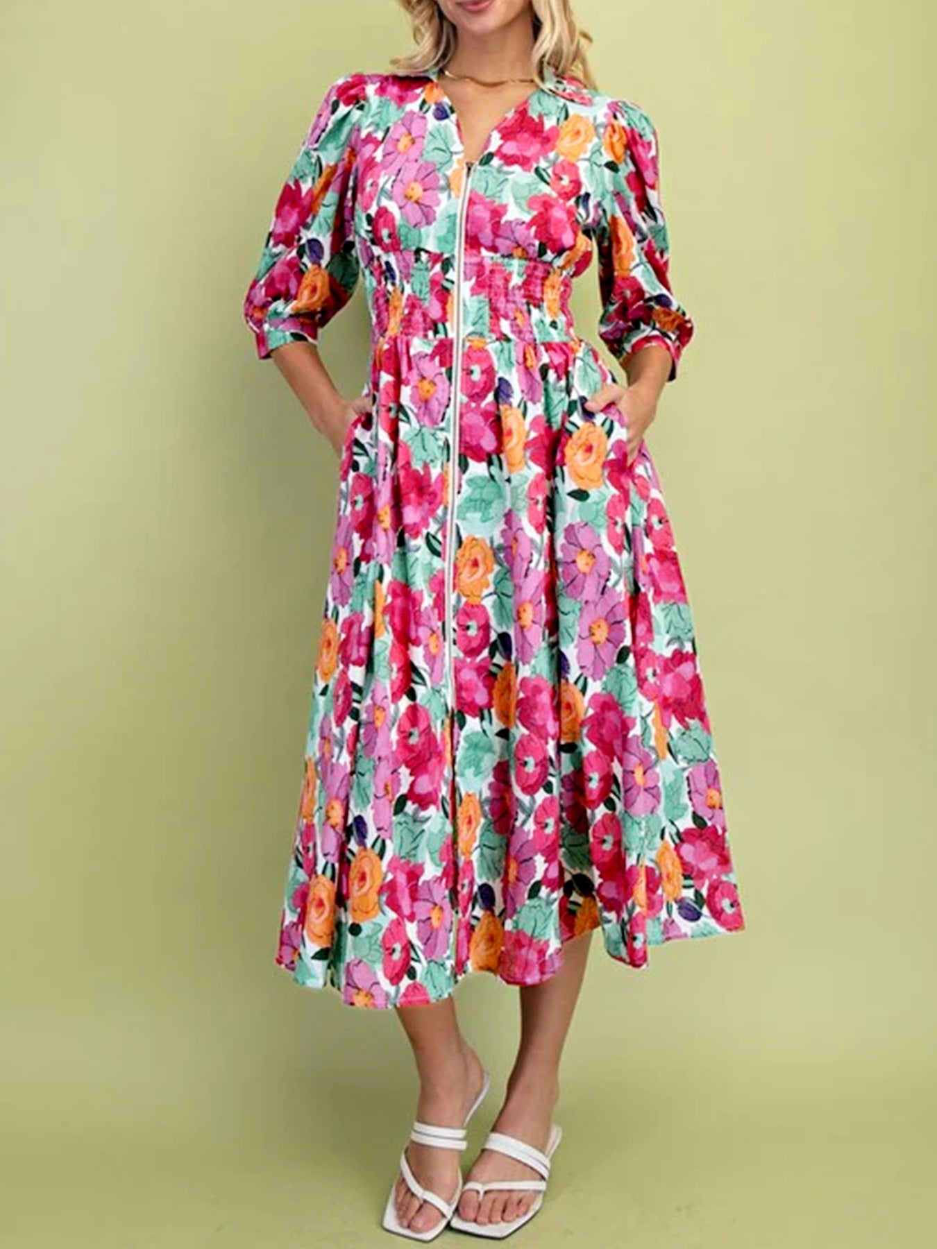 Hazel Blues® |  Vibrant Floral Print V Neck Zip Up Puffy Half Sleeve Dress