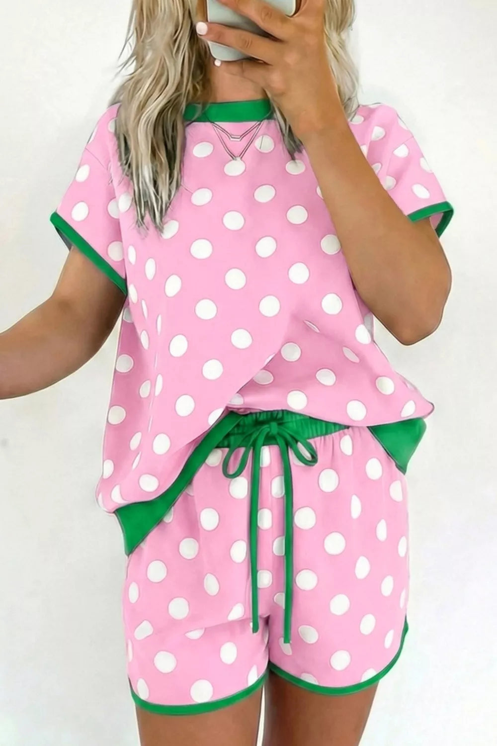 Hazel Blues® |  Polka Dot Contrast Trim Top and Drawstring Shorts Set