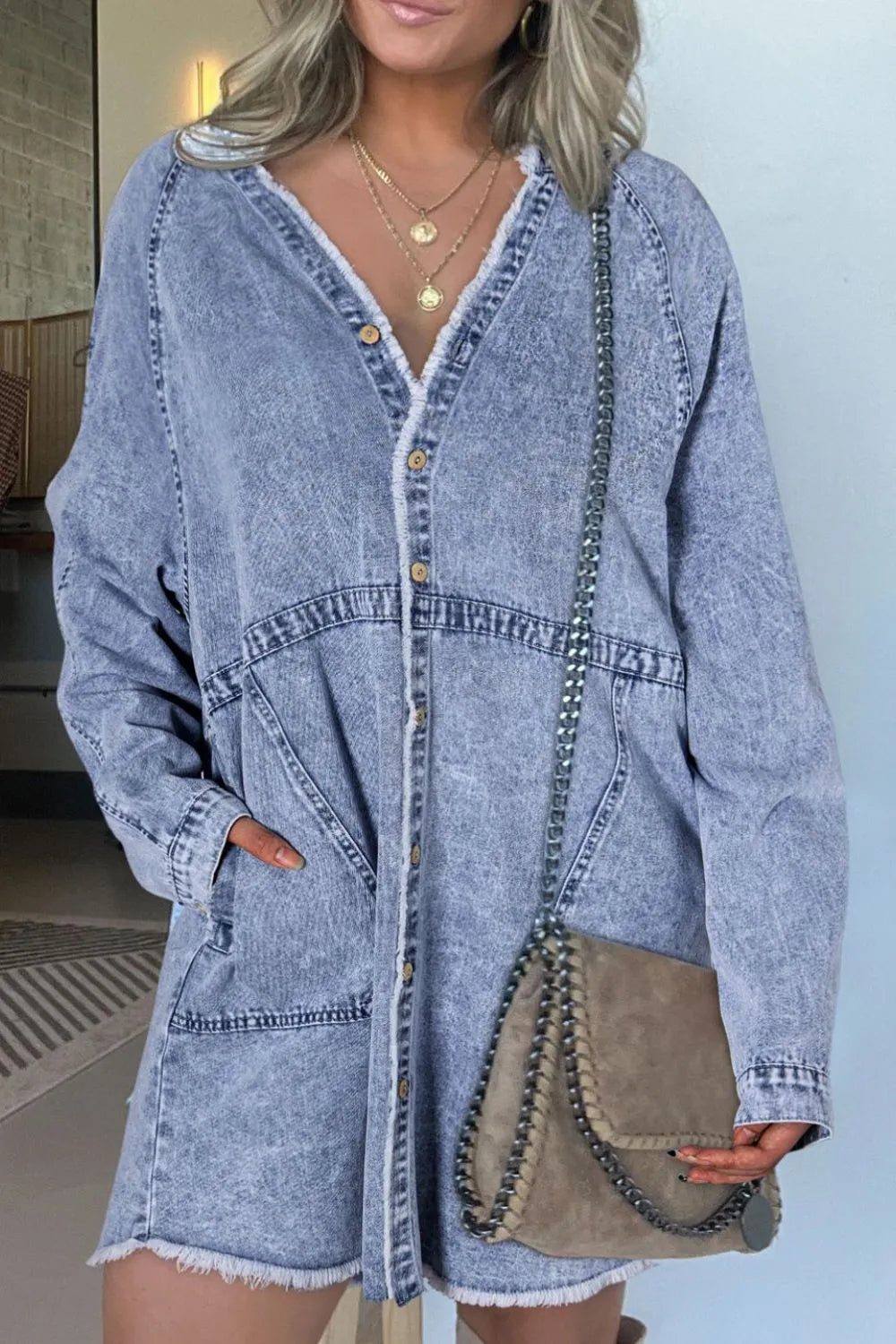 Hazel Blues® |  Raw Hem Button Down Long Sleeve Denim Dress