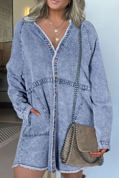 Hazel Blues® |  Raw Hem Button Down Long Sleeve Denim Dress