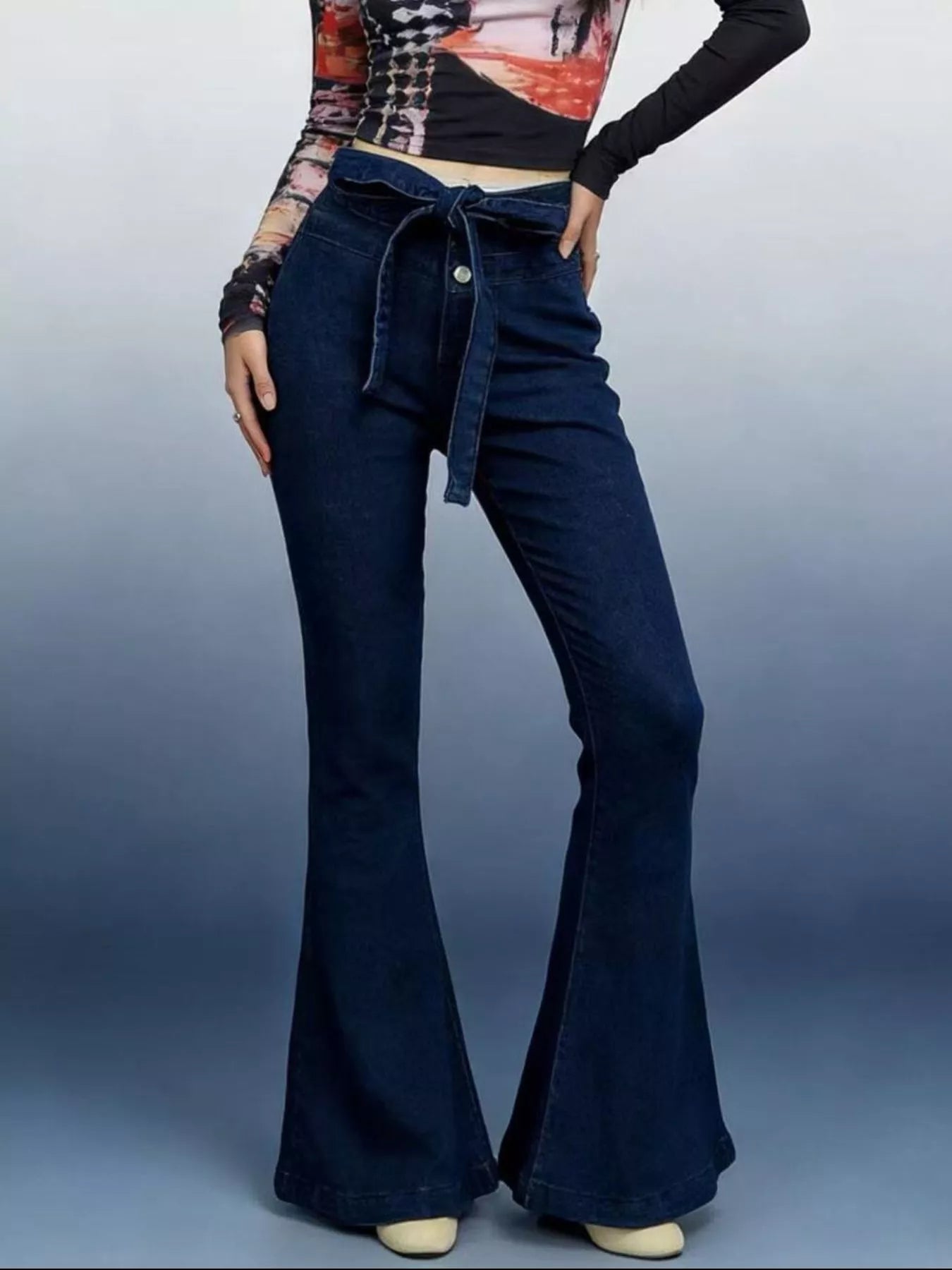 Hazel Blues® |  Bow-Tie High-Waisted Flare Jeans