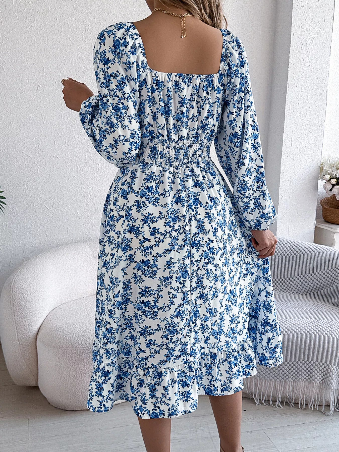 Hazel Blues® |  Floral Print Long Sleeve Square Neck Midi Dress