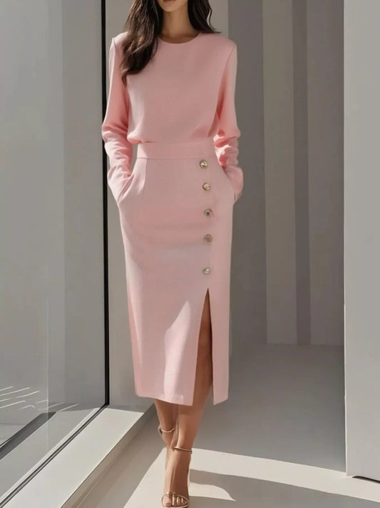 Hazel Blues® |  Long Sleeve Button Detail Midi Dress with Side Slit