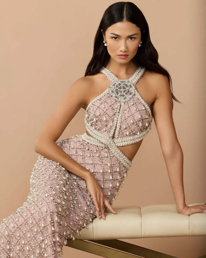Pink Pearl Embellished Open Back Gown