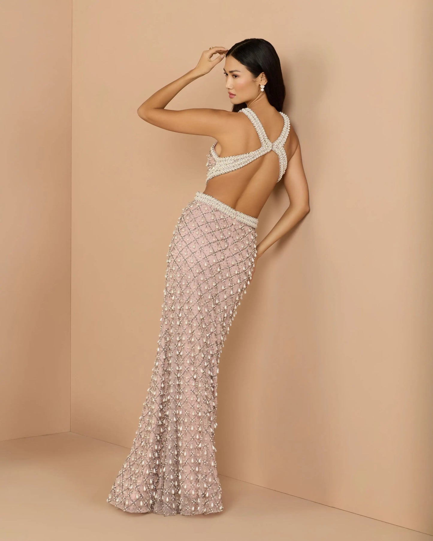 Pink Pearl Embellished Open Back Gown