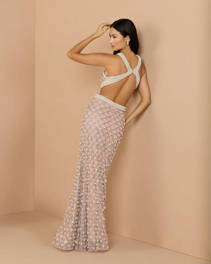 Pink Pearl Embellished Open Back Gown