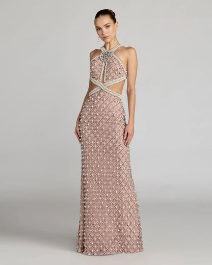 Pink Pearl Embellished Open Back Gown