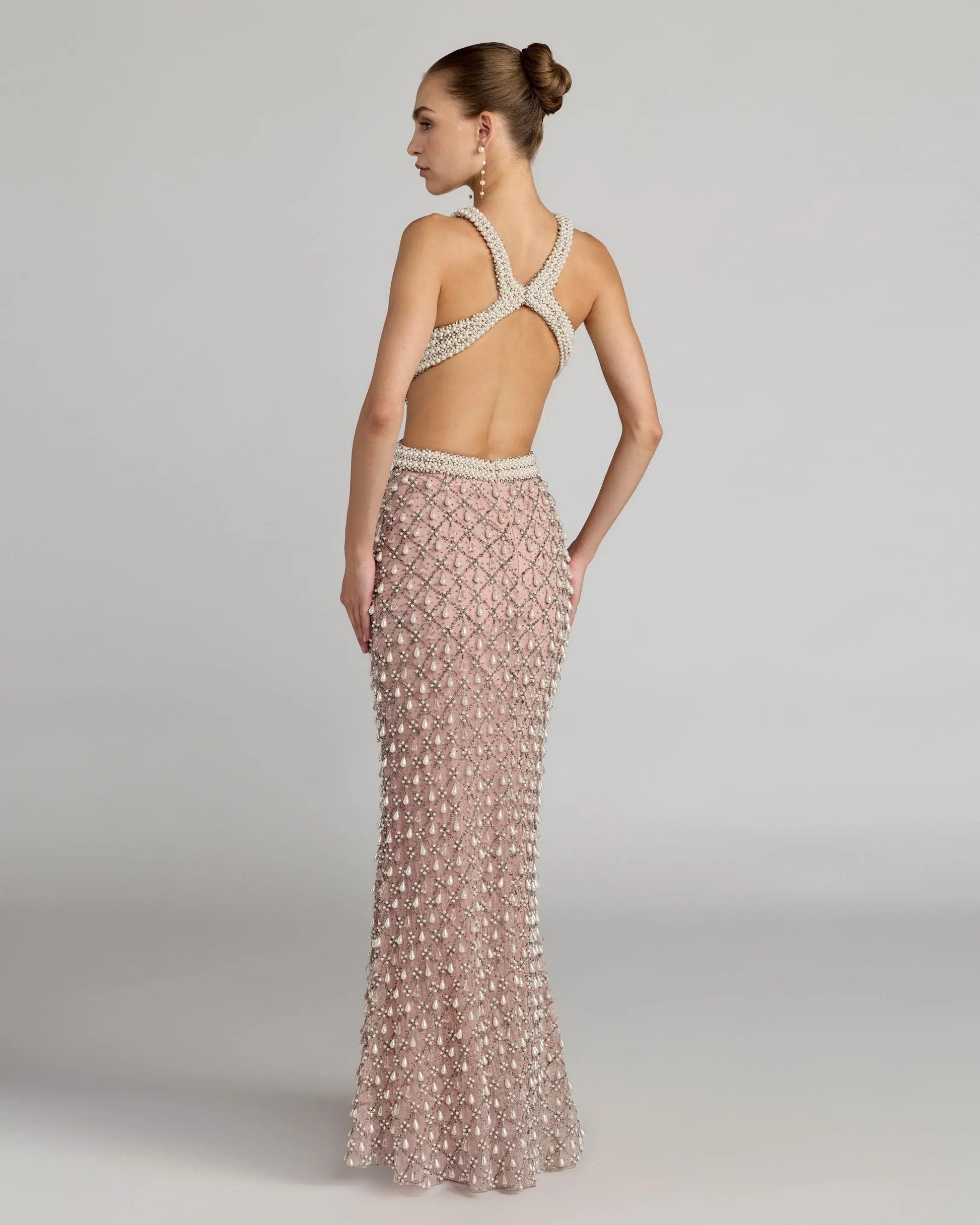 Pink Pearl Embellished Open Back Gown