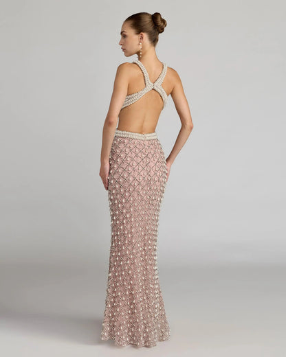 Pink Pearl Embellished Open Back Gown