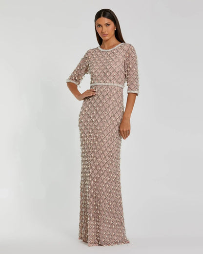 Pink Pearl Embellished 3/4 Sleeve Gown