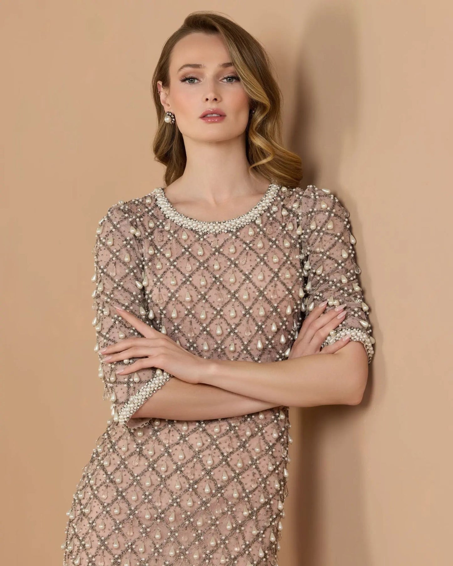 Pink Pearl Embellished 3/4 Sleeve Gown