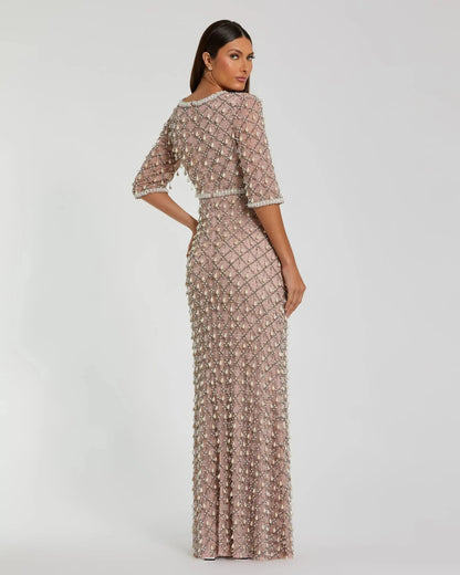 Pink Pearl Embellished 3/4 Sleeve Gown
