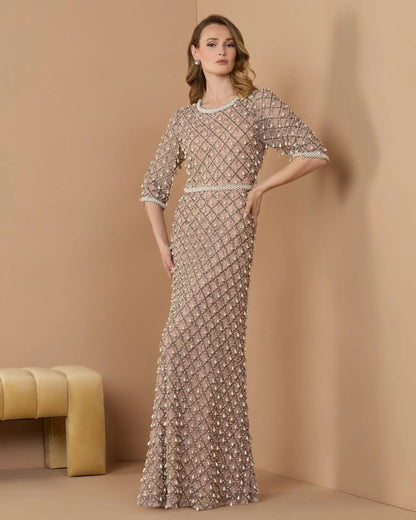 Pink Pearl Embellished 3/4 Sleeve Gown