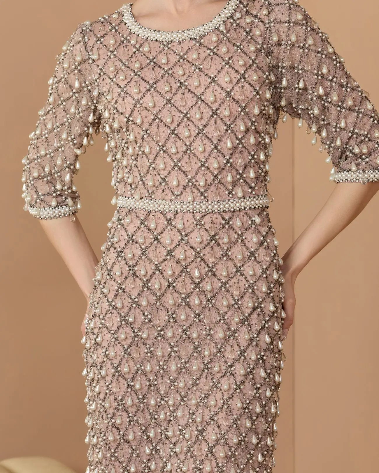 Pink Pearl Embellished 3/4 Sleeve Gown