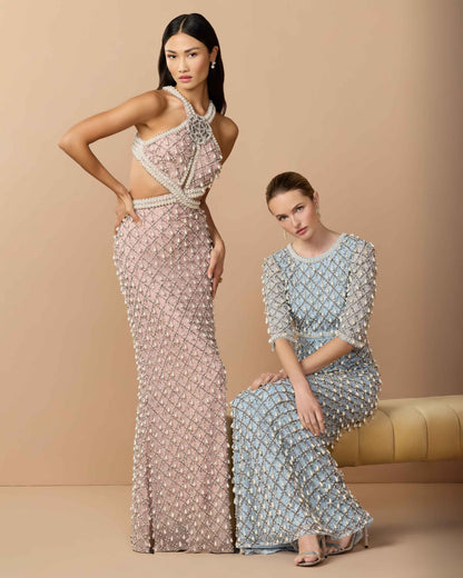 Pink Pearl Embellished Open Back Gown
