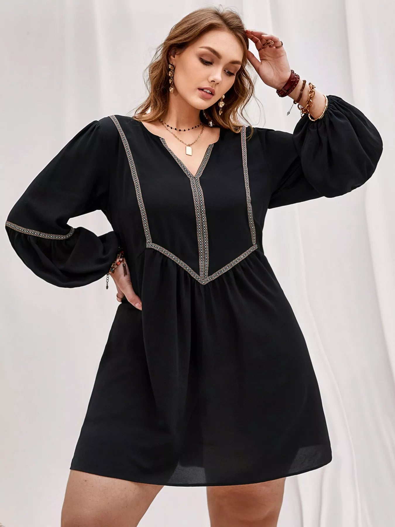 Hazel Blues® | Notched Balloon Sleeve Mini Dress