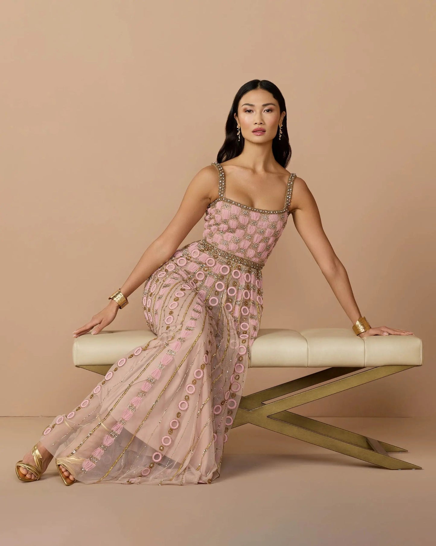 Pink Sleeveless Embellished A-line Gown
