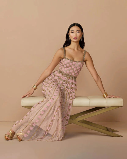 Pink Sleeveless Embellished A-line Gown