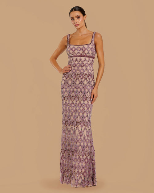 Pink Beaded Art Deco Column Gown
