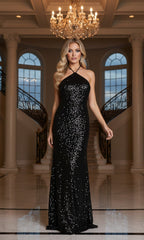 Long Black Sequin Halter Prom Dress: Morgan 10213