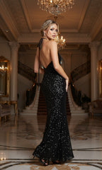 Long Black Sequin Halter Prom Dress: Morgan 10213