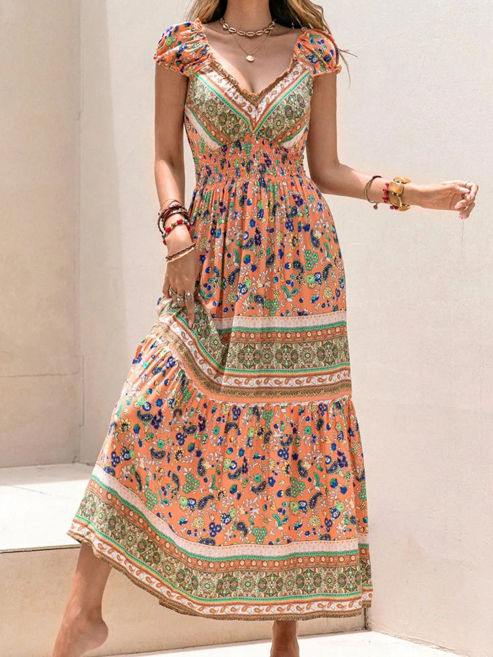 Hazel Blues® |  Smocked Printed V-Neck Cap Sleeve Dress