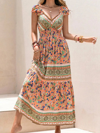 Hazel Blues® |  Smocked Printed V-Neck Cap Sleeve Dress