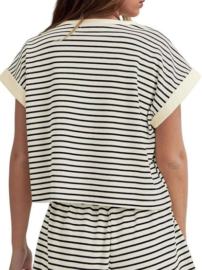 Hazel Blues® | Striped Round Neck Top and Shorts Set