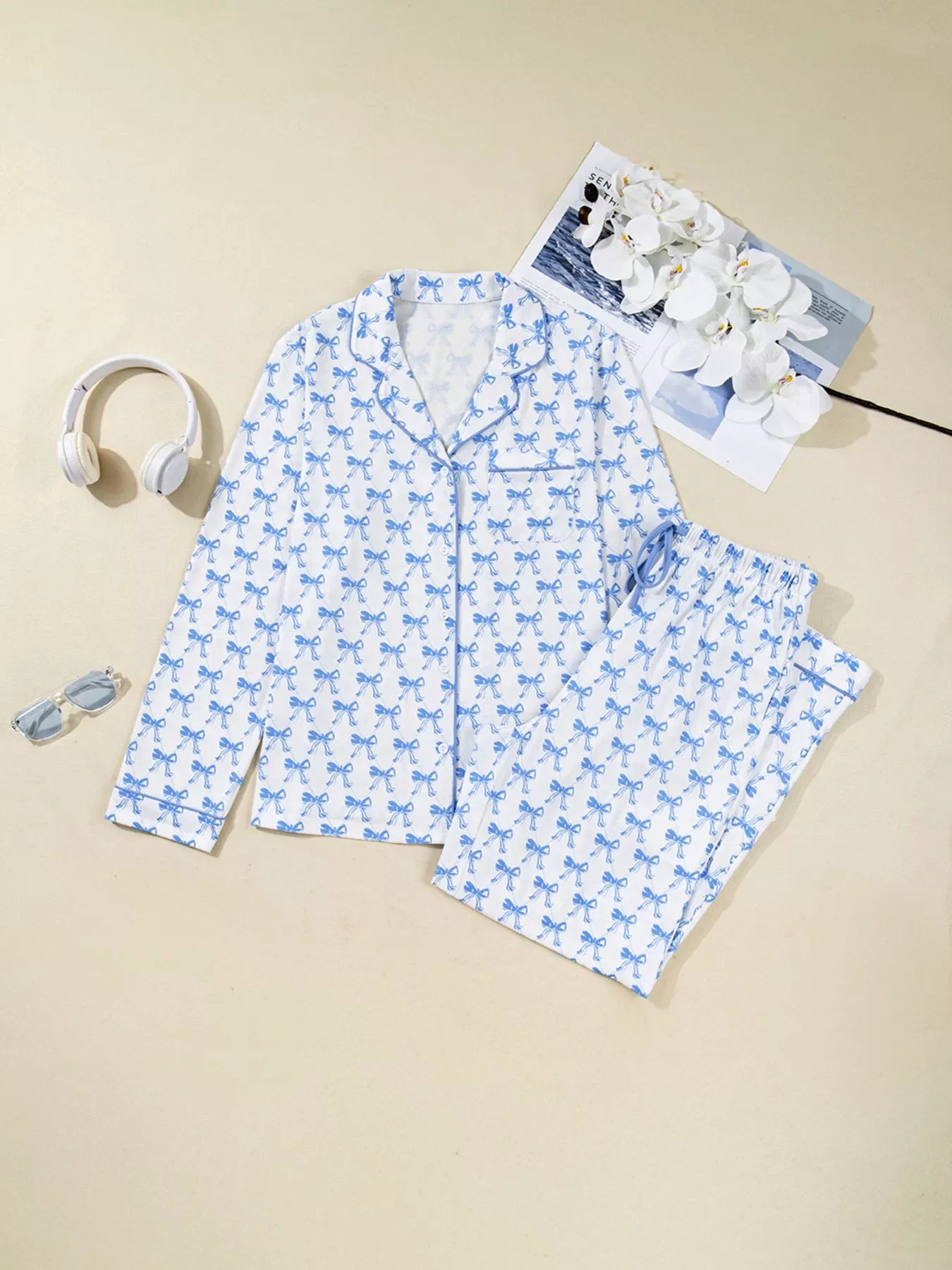 Hazel Blues® |  Bow Print Long Sleeve Shirt and Pants Pajama Set