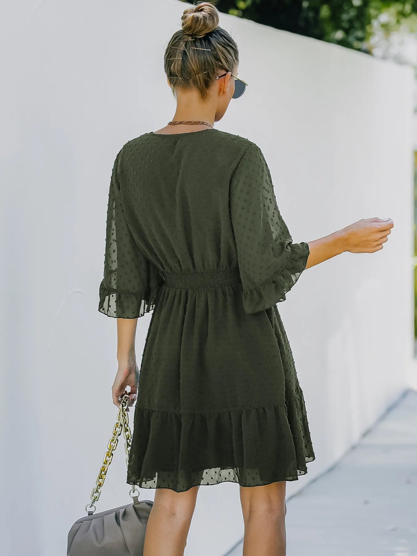Hazel Blues® |  Swiss Dot Flare Sleeve Wrap Mini Dress