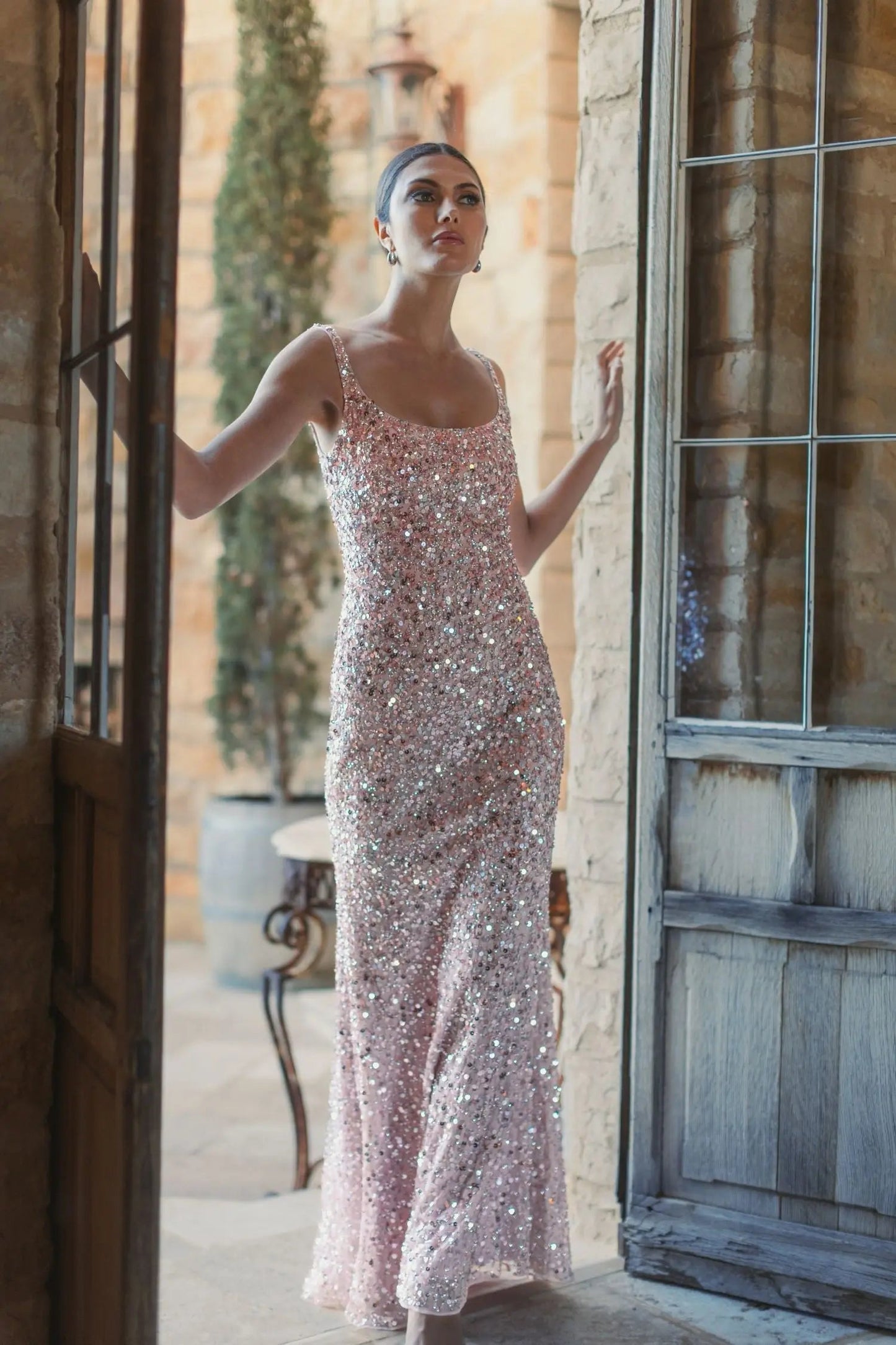 Pink Sequined Low Back Slip Gown
