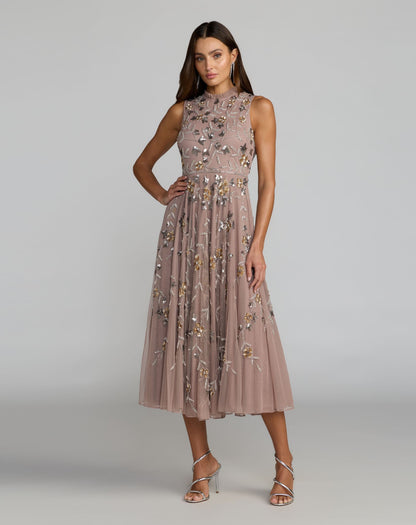 Pink Embellished High Neck Sleeveless Midi Dress