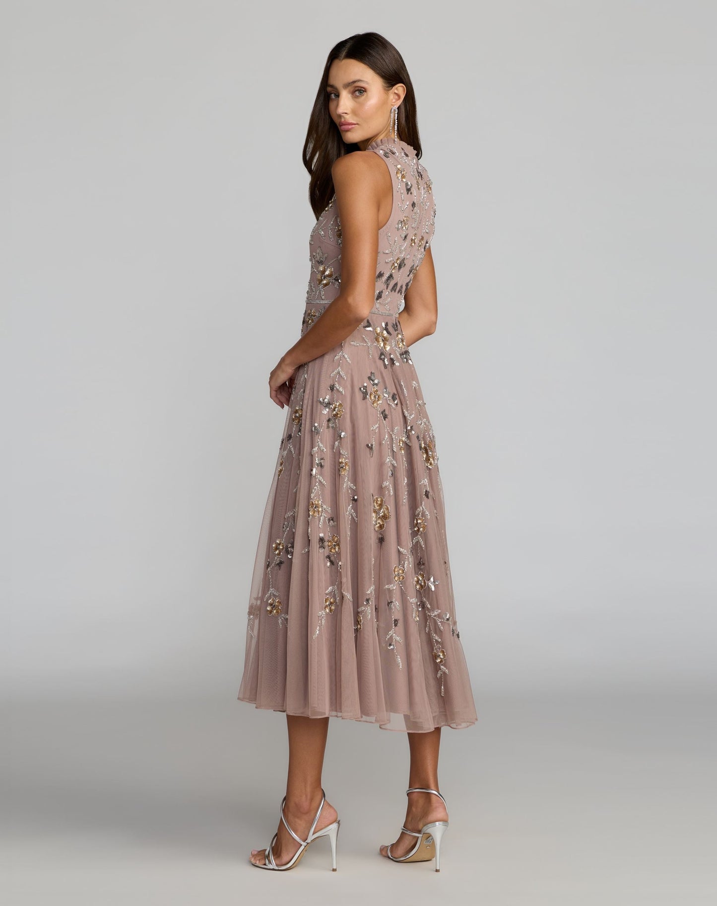 Pink Embellished High Neck Sleeveless Midi Dress