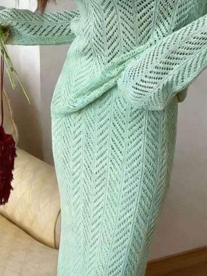 Hazel Blues® |  Openwork Long Sleeve Knit Top and Skirt Set