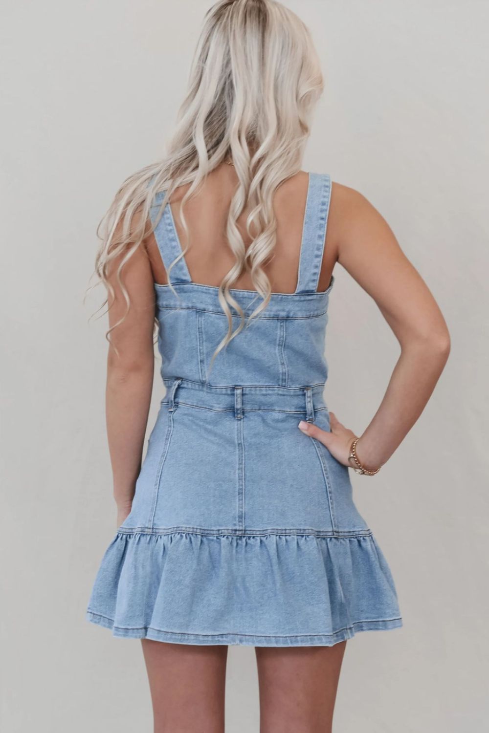 Hazel Blues® |  Ruffled Hem Button Front Square Neck Denim Dress