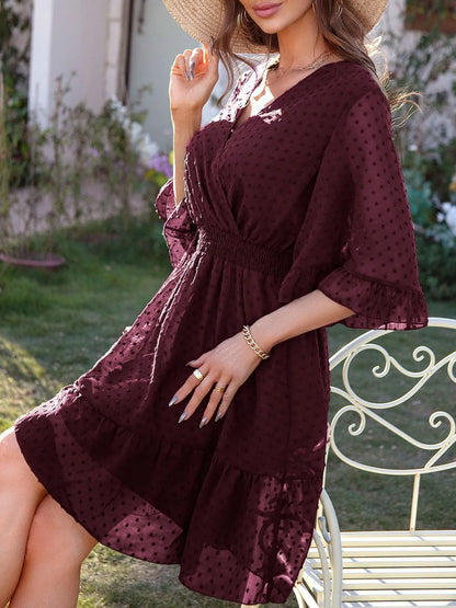 Hazel Blues® |  Swiss Dot Flare Sleeve Wrap Mini Dress