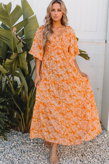 Hazel Blues® |  Floral Print Smocked V Neck Wide Sleeve Maxi Dress